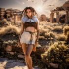 Stylish woman poses in ancient ruins under sunlit sky