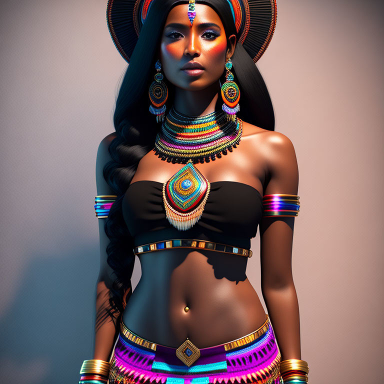 Colorful tribal-inspired jewelry on woman against neutral background