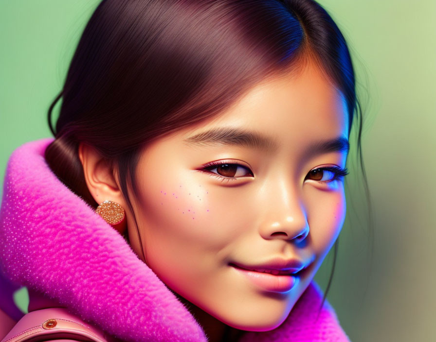 Young woman digital portrait with glowing complexion in purple fuzzy jacket and gold earring.