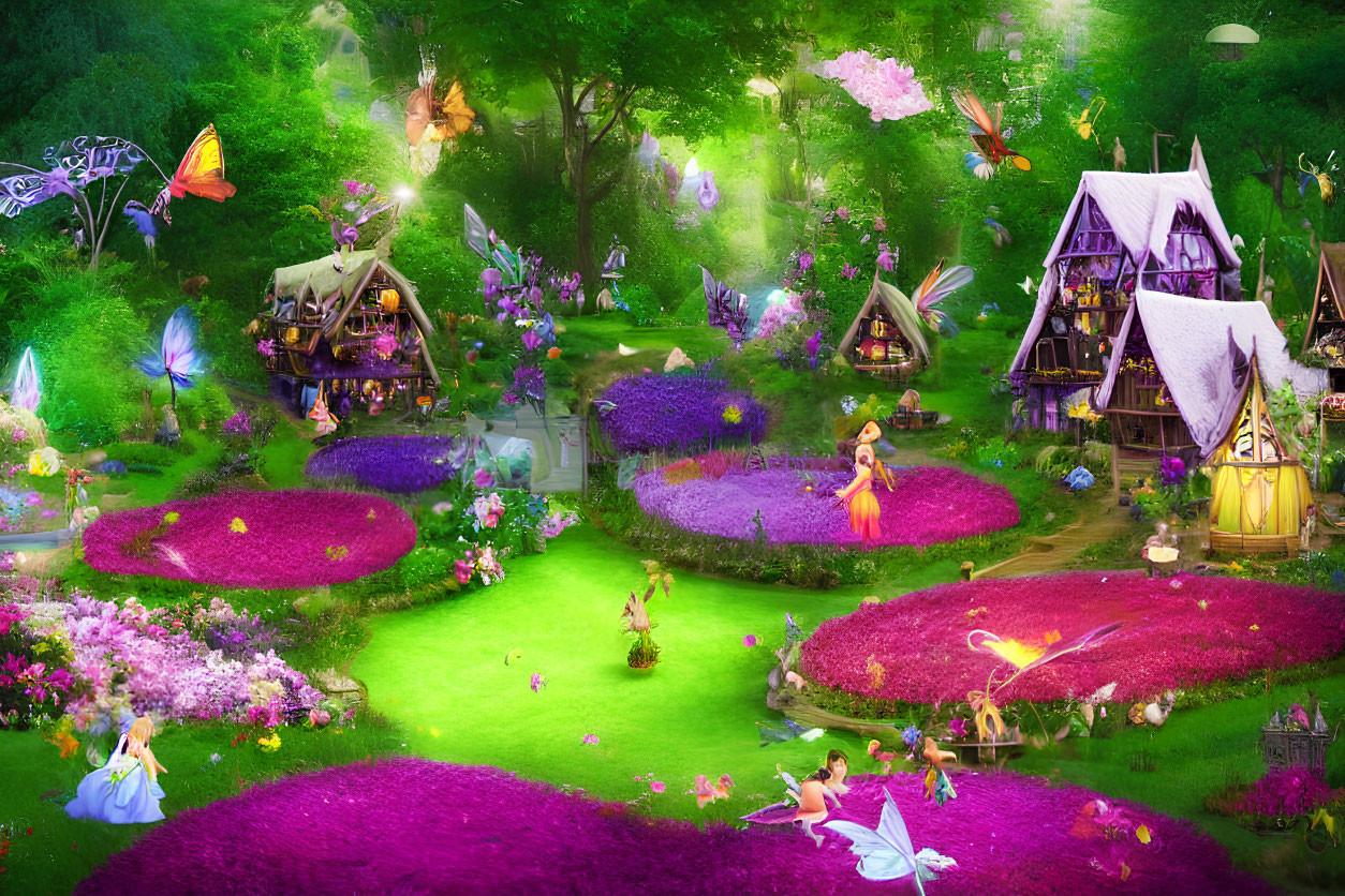 Fantasy garden with fairies, butterflies, cottages & flowers