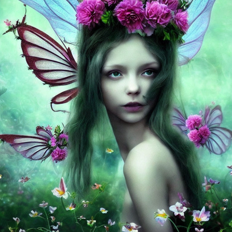 Fantastical portrait of female figure with butterfly wings and floral crown surrounded by verdant setting.