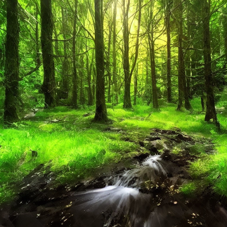 Green forest canopy sunlight on moss-covered stream rocks