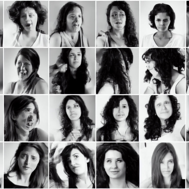 Collection of black and white headshots showcasing diverse emotions of a woman