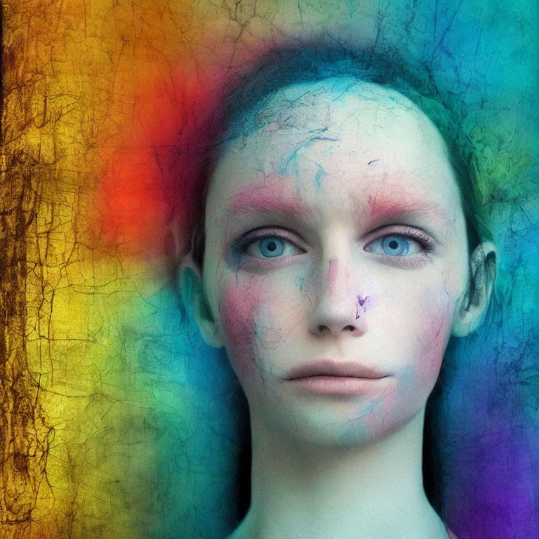 Colorful Paint-Splattered Face Portrait on Textured Background