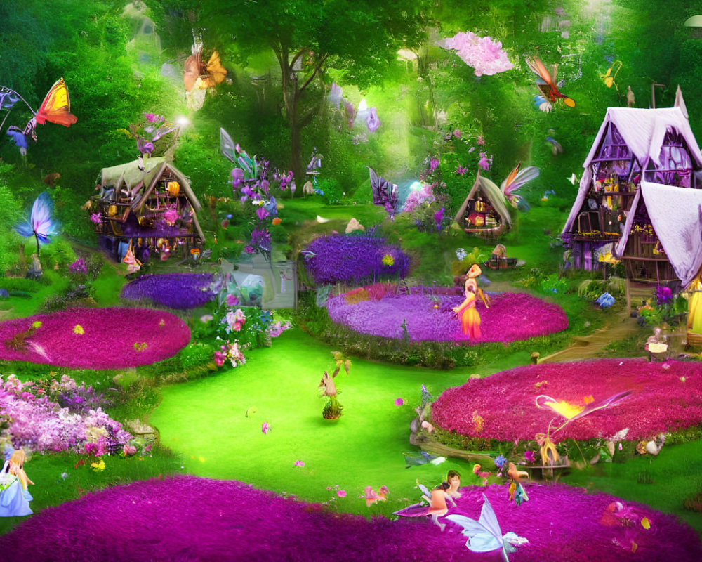 Fantasy garden with fairies, butterflies, cottages & flowers