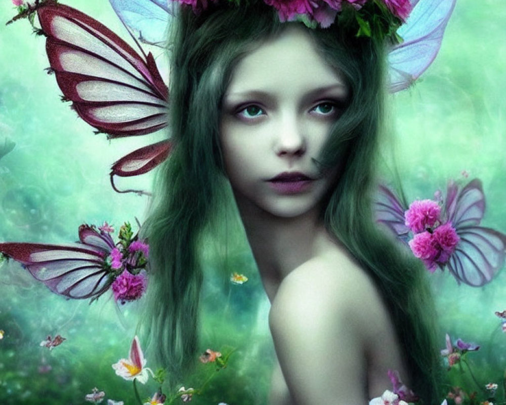 Fantastical portrait of female figure with butterfly wings and floral crown surrounded by verdant setting.