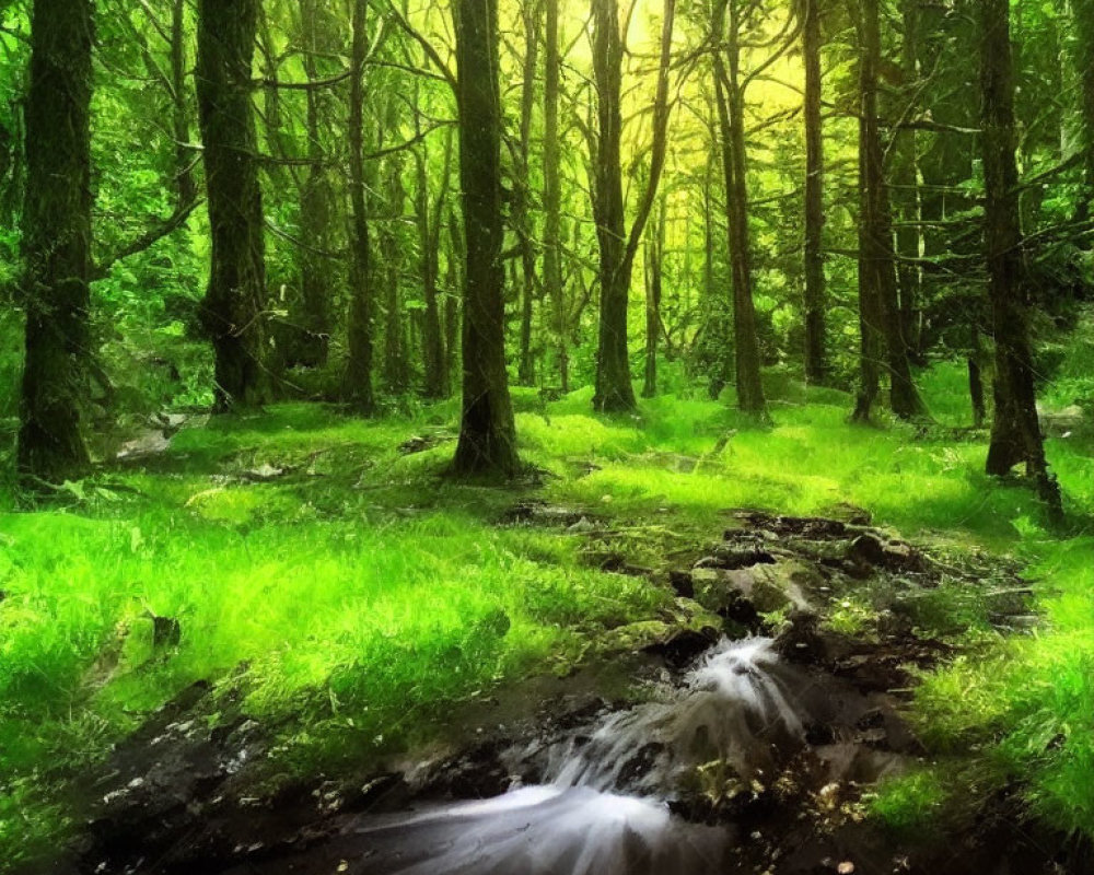 Green forest canopy sunlight on moss-covered stream rocks