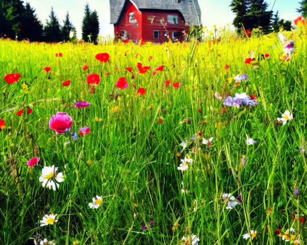 Colorful Wildflower Meadow with Red Poppies and Daisies, Red Wooden House, Green