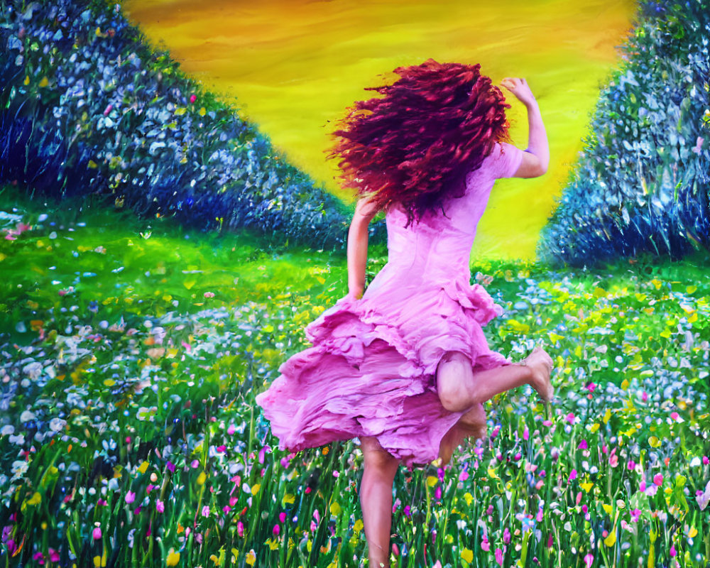 Woman in Pink Dress Dancing in Flower-Filled Meadow at Sunset