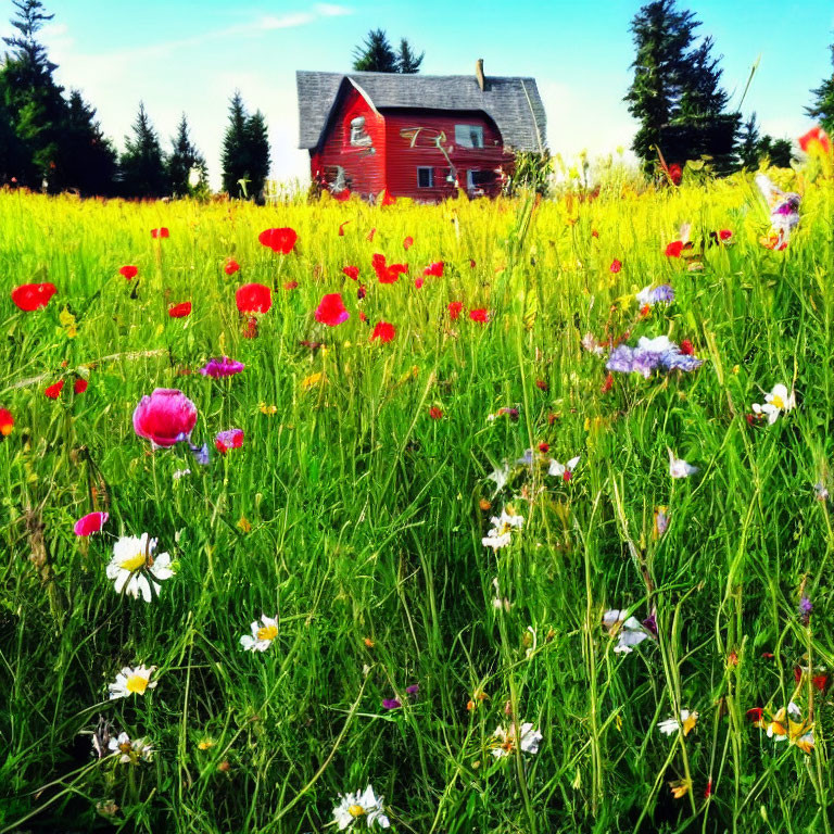 Colorful Wildflower Meadow with Red Poppies and Daisies, Red Wooden House, Green