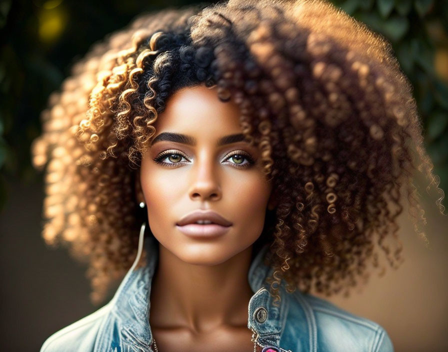 Curly-Haired Woman in Denim Jacket with Captivating Eyes