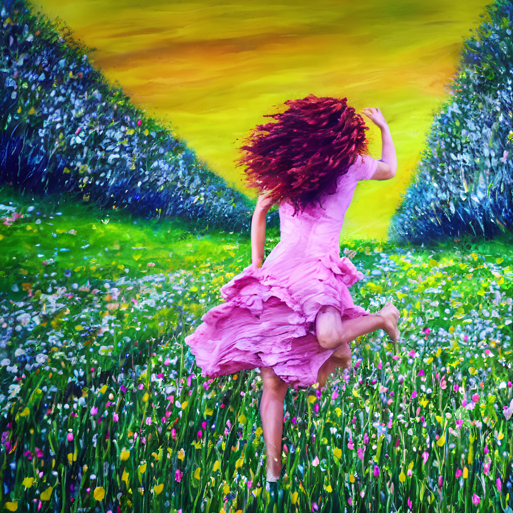 Woman in Pink Dress Dancing in Flower-Filled Meadow at Sunset