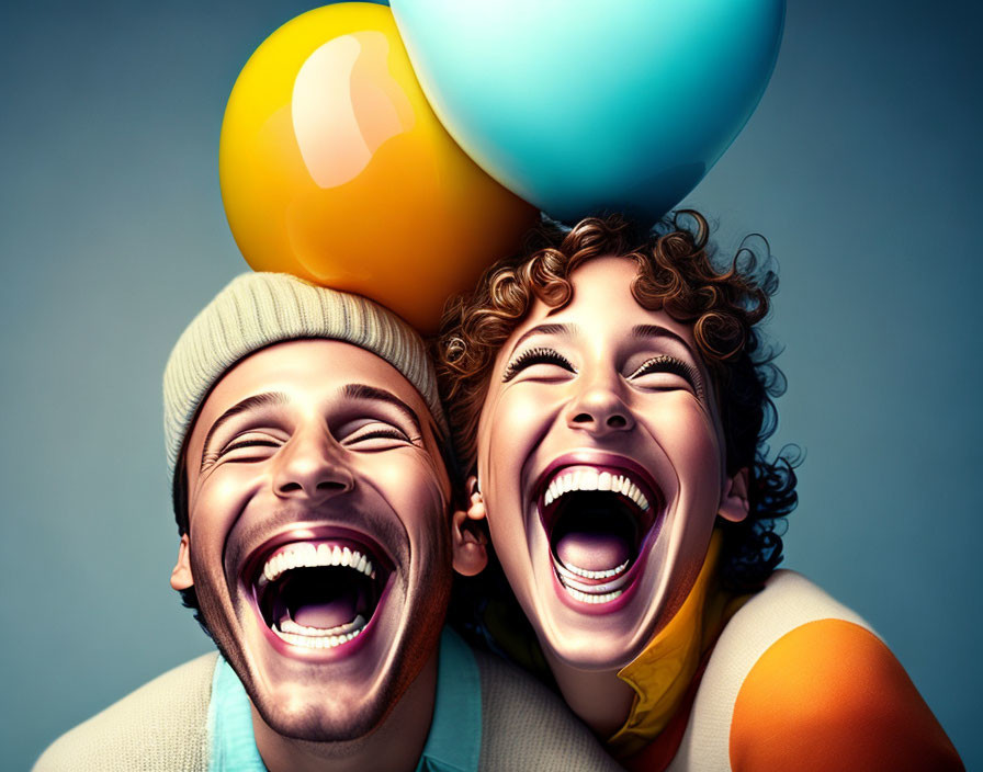 Joyful laughter with colorful balloons on blue background