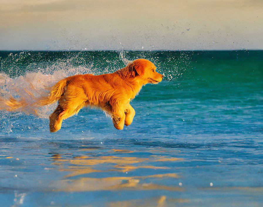 Golden retriever splashes in sunlit sea