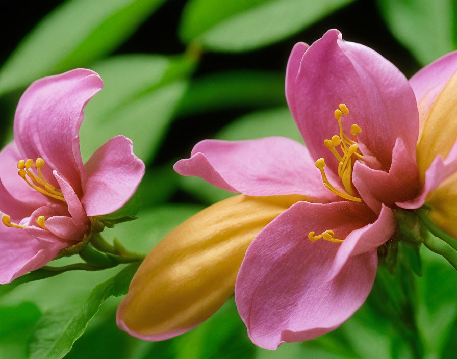 Bright Pink Flowers with Yellow Centers and Green Leaves