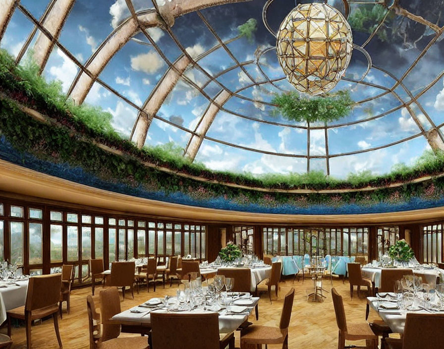 Luxurious dining room with dome glass ceiling and lush greenery