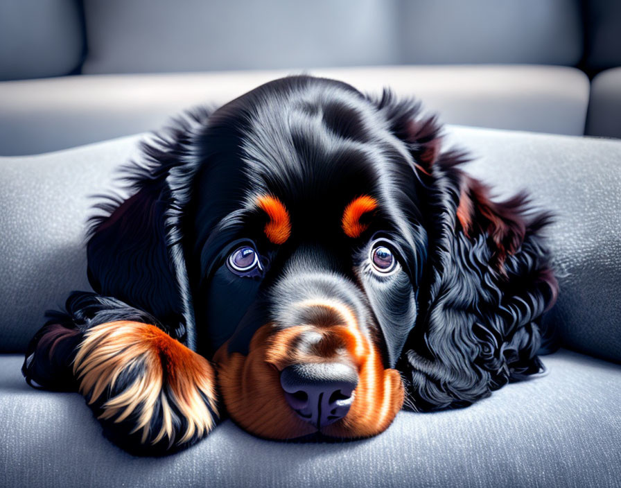 Black and Tan Dog with Floppy Ears Resting on Grey Sofa