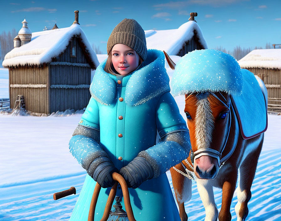 Child in Blue Winter Coat Standing Beside Pony in Matching Blue Blankets on Snowy Village Background