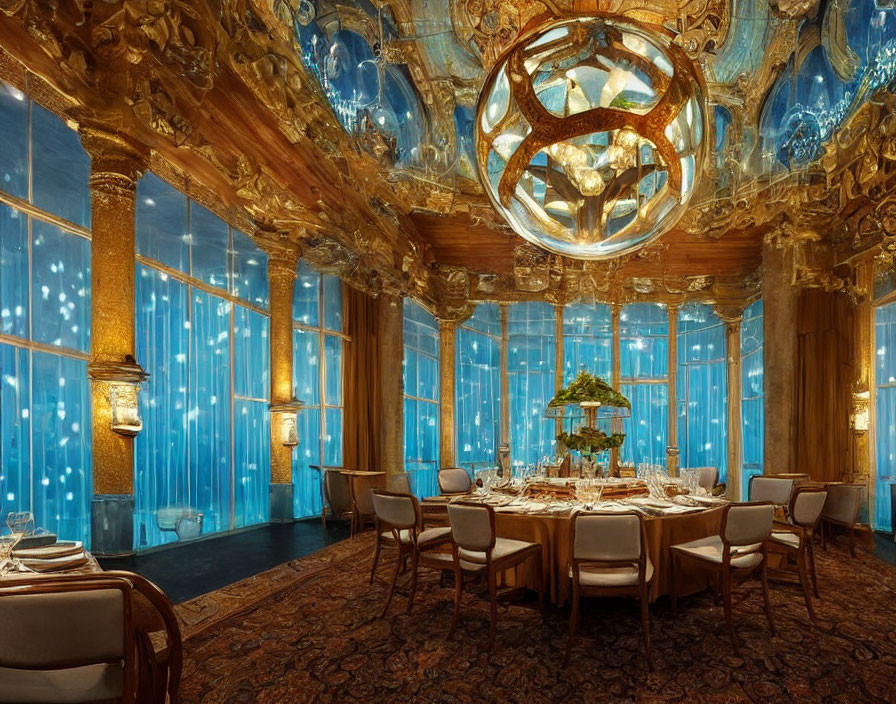 Luxurious Gold and Blue Dining Room with Ornate Chandeliers and Grand Table