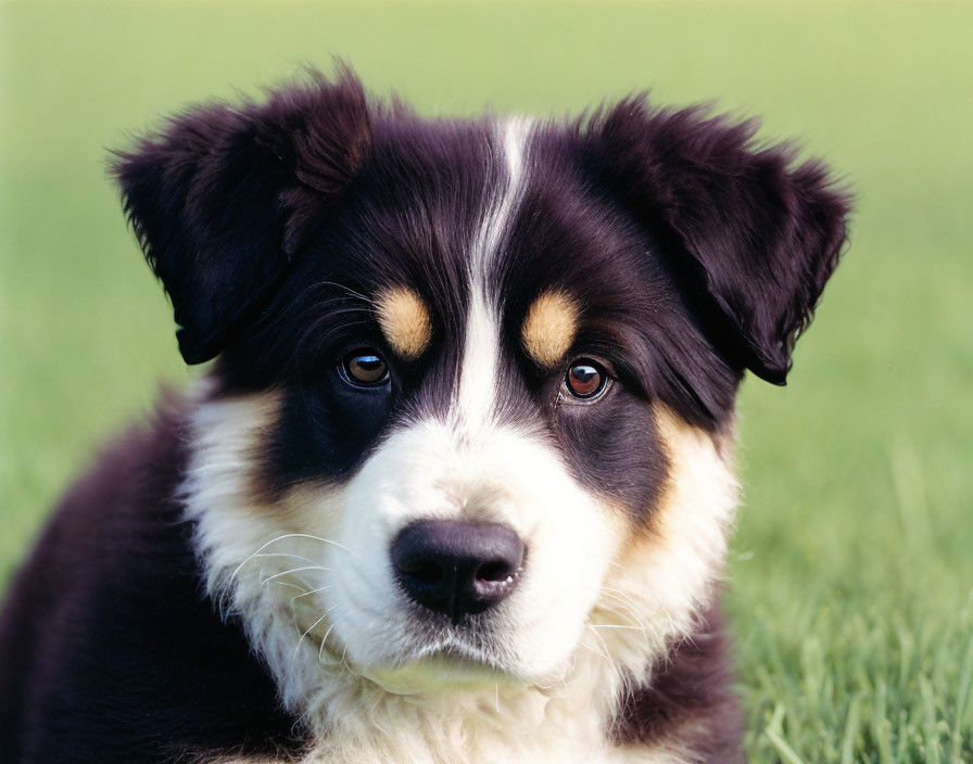 Tricolor Puppy with Floppy Ears on Green Grass