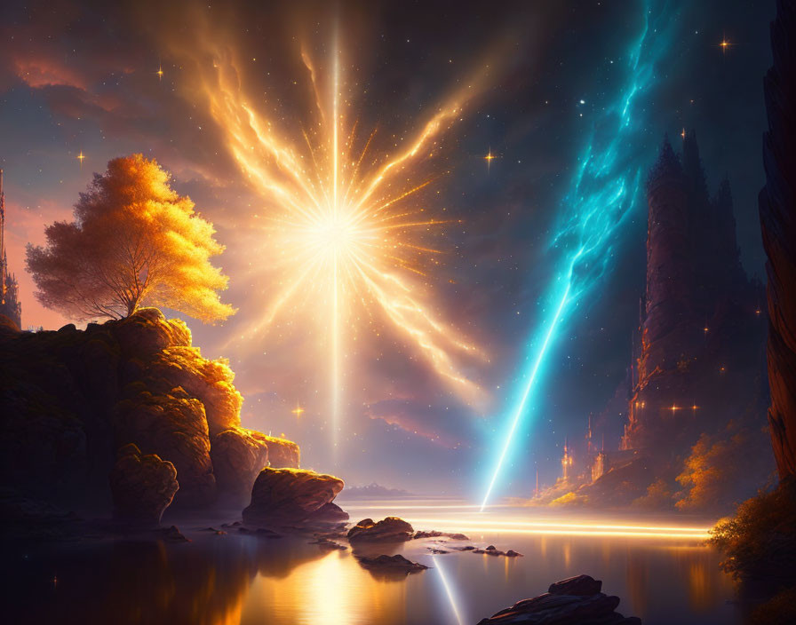 Mystical landscape with cosmic event, river, vibrant trees, and rocks