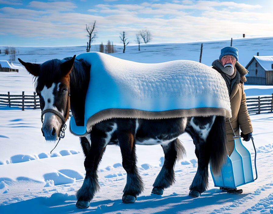 Person in Warm Clothes with Horse in Snowy Landscape