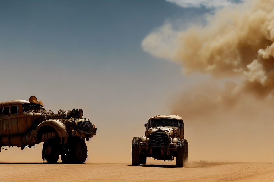 Modified vehicles racing in desert with smoke cloud