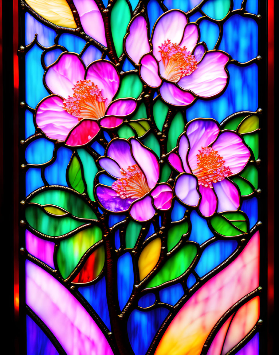 Colorful stained glass window with pink lotus flowers on multicolored background