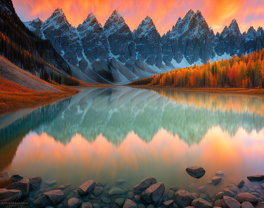 Majestic snow-capped mountains reflected in serene lake at sunset