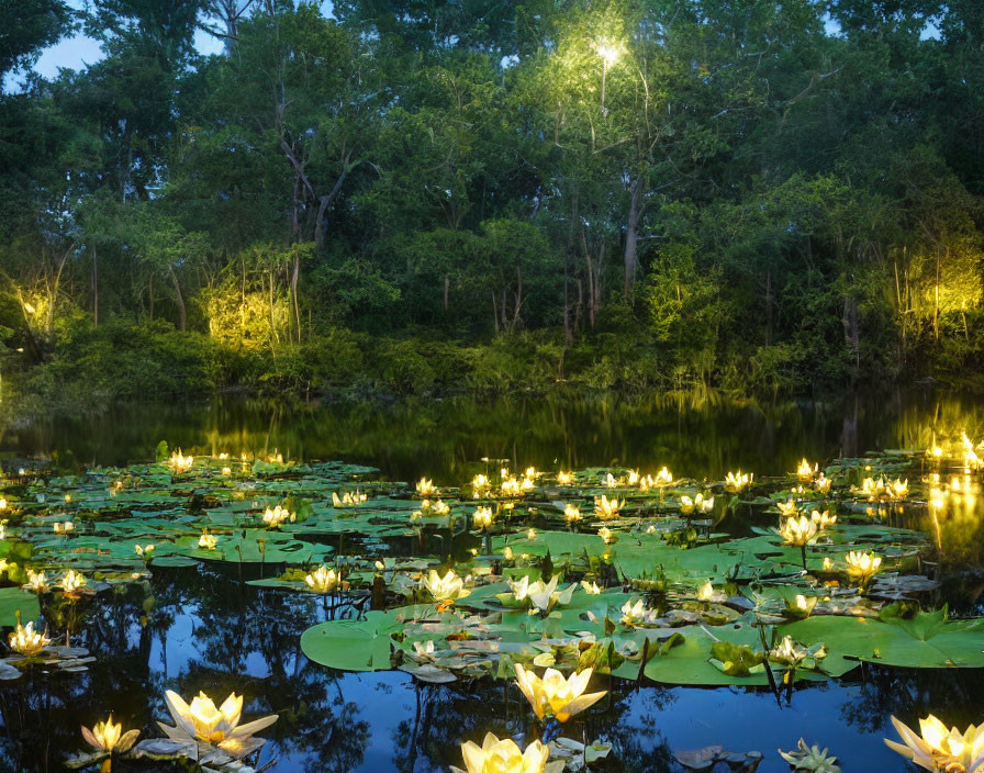 Tranquil pond at twilight with blooming water lilies and illuminated forest