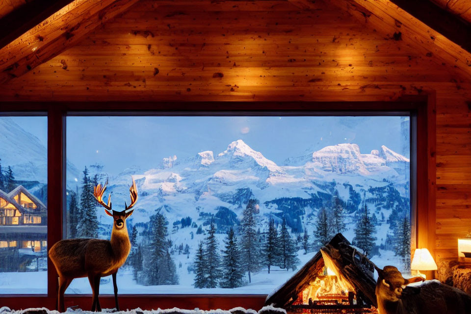 Warm Wooden Interior with Snowy Mountain View & Fireplace