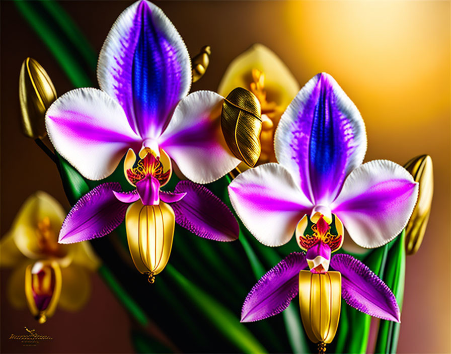 Three Vibrant Purple and White Orchids with Golden Centers on Blurred Background