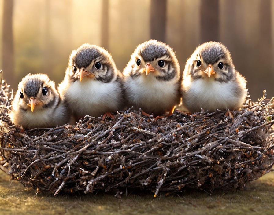 Four fluffy baby birds in nest with warm sunlight glow