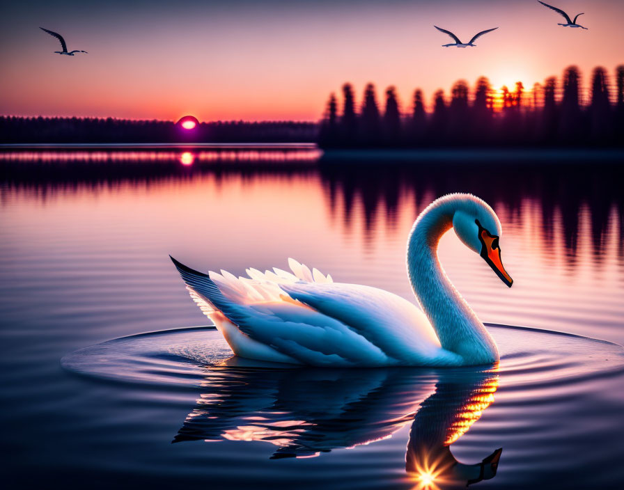 Tranquil swan on calm lake at sunset with mirrored reflection and flying birds