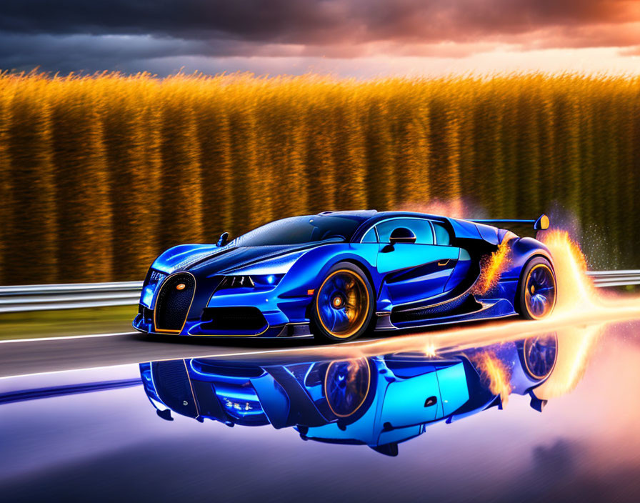 Blue sports car with fiery exhaust streaks on glossy track with sunset background