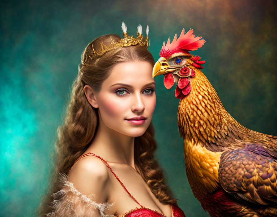 Woman with crown and feathers posing with vibrant rooster on colorful backdrop