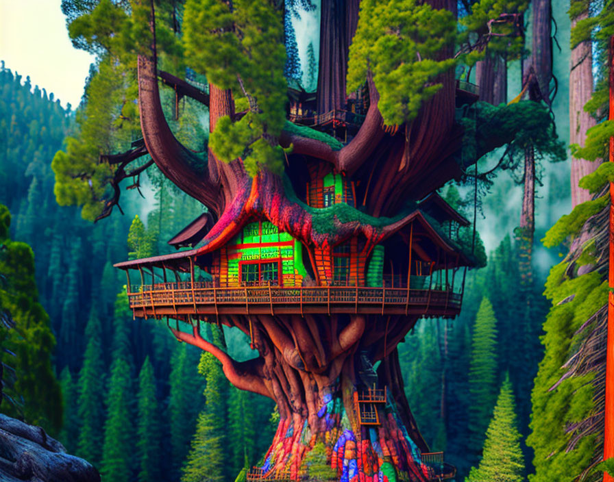 Majestic multi-level treehouse in dense forest