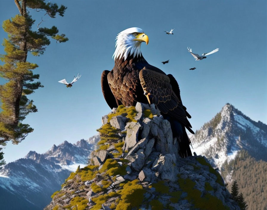 Bald eagle perched on rocky outcrop with mountain backdrop