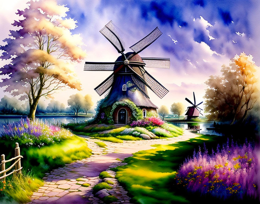 Vibrant pastoral scene with windmills, water, flowers, and dramatic sky