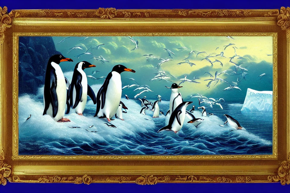 Penguins and seabirds on ice floe in gold frame