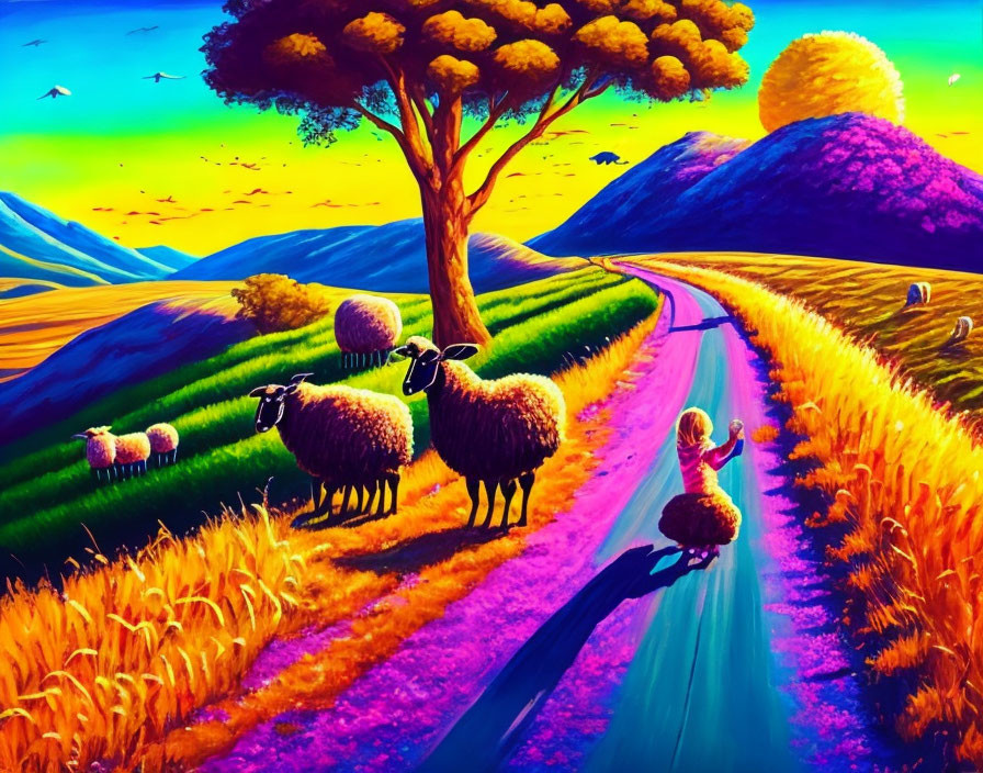 Colorful surreal landscape with road, fields, sheep, girl, and mountains under vivid sunset.