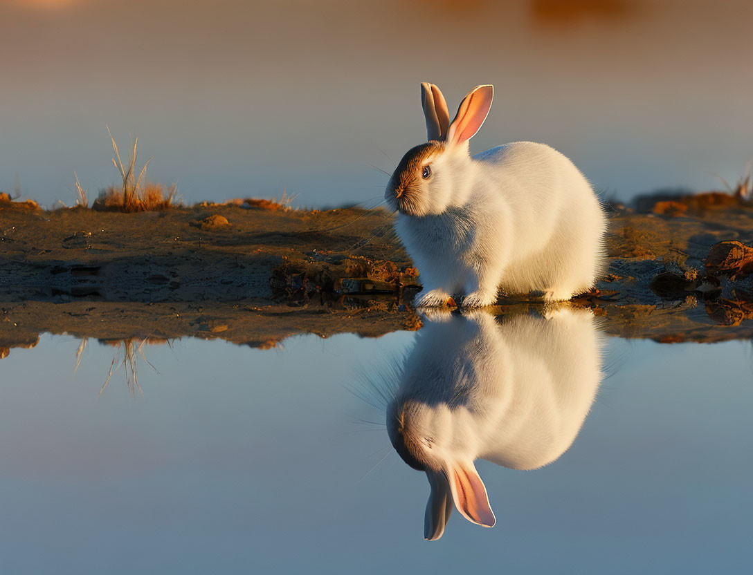 White Rabbit with Pink Ears Reflecting in Water at Golden Hour