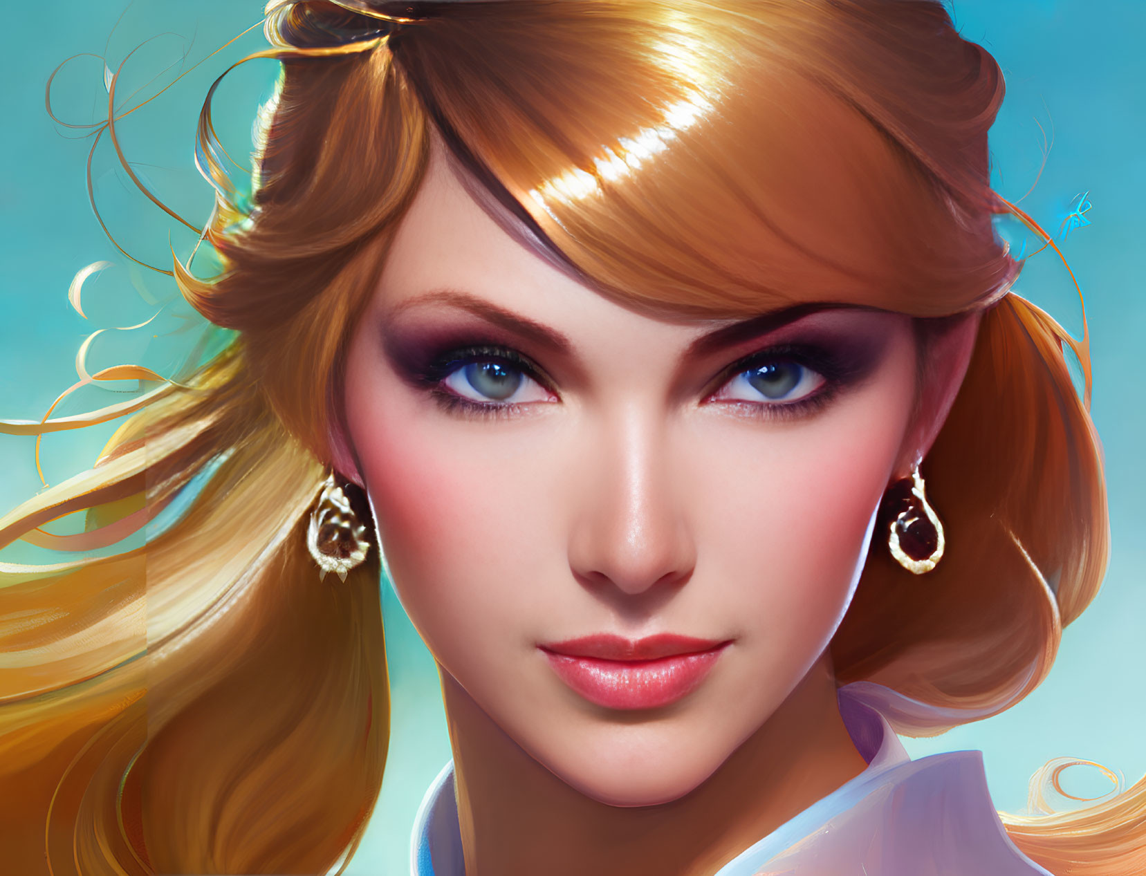 Detailed Digital Portrait of Woman with Blonde Hair, Blue Eyes, Makeup, and Gold Earrings