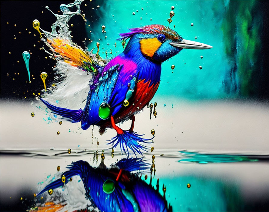 Colorful Kingfisher Bird Reflecting in Water and Paint Splash