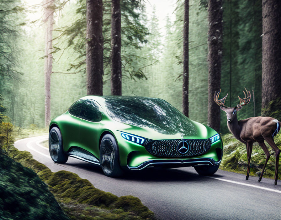 Green Mercedes Concept Car Driving on Forest Road with Deer and Sunlight Filtering Through Trees