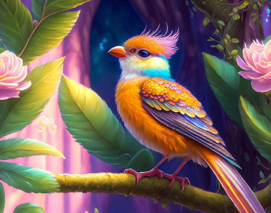 Colorful Bird with Orange and Teal Feathers in Enchanted Forest