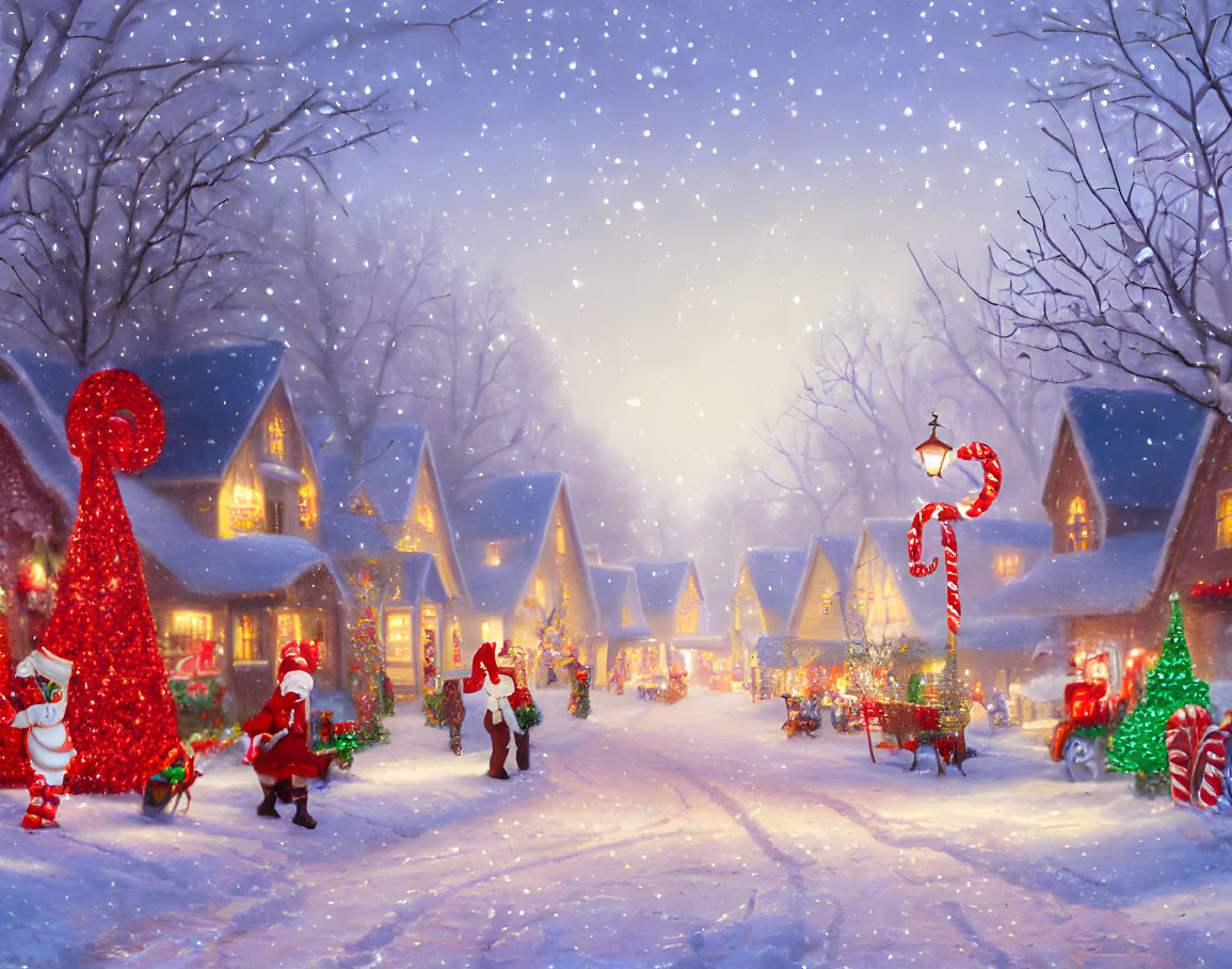 Snowy Christmas village with Santas, red tree sculpture, and falling snowflakes