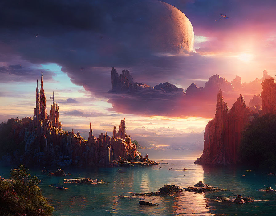 Fantasy landscape with spires, calm sea, dramatic clouds, and large planet at sunset