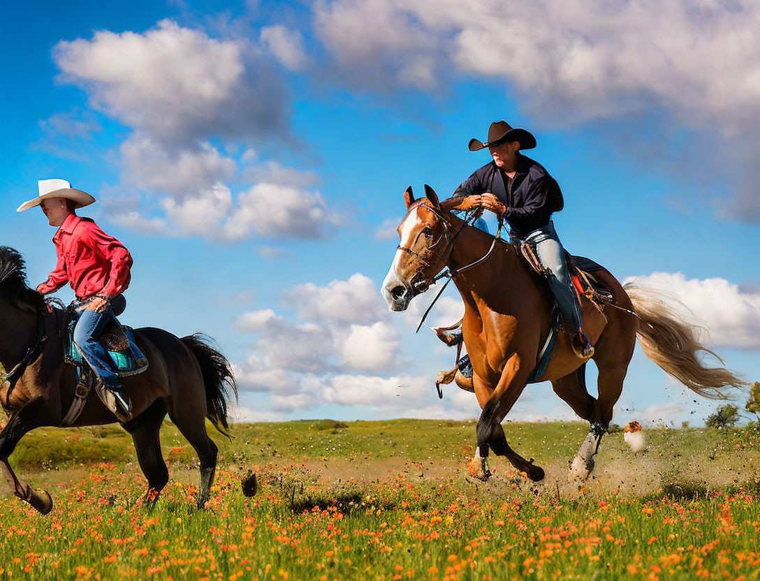Two cowboys on horses in a field under vibrant blue sky.