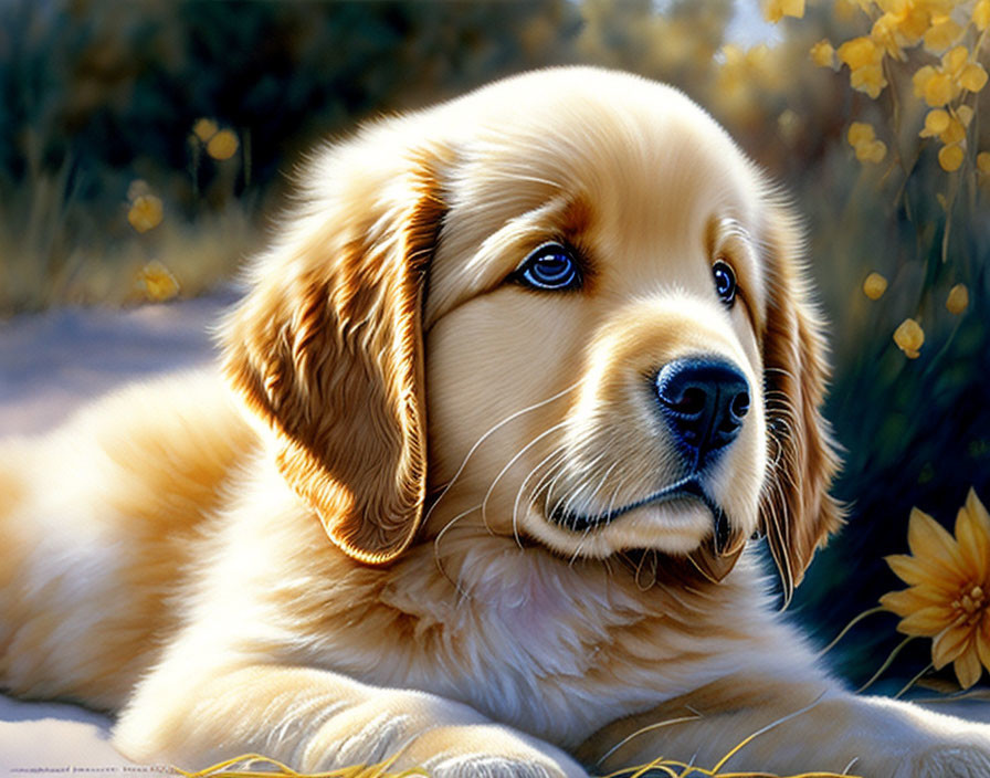 Golden Retriever Puppy Relaxing Among Flowers in Warm Sunlight